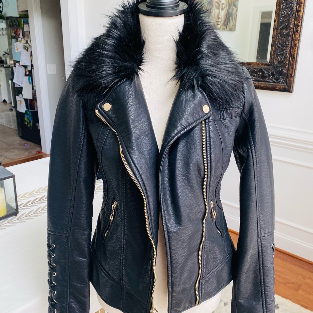 Black Faux Leather Jacket with faux Fur Collar